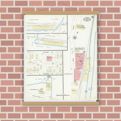 Old map wall art mockup — magnetic wood frame on brick wall — Sanborn Fire Insurance Map from Saint Joseph, Berrien County, Michigan (1908), Sheet #0009