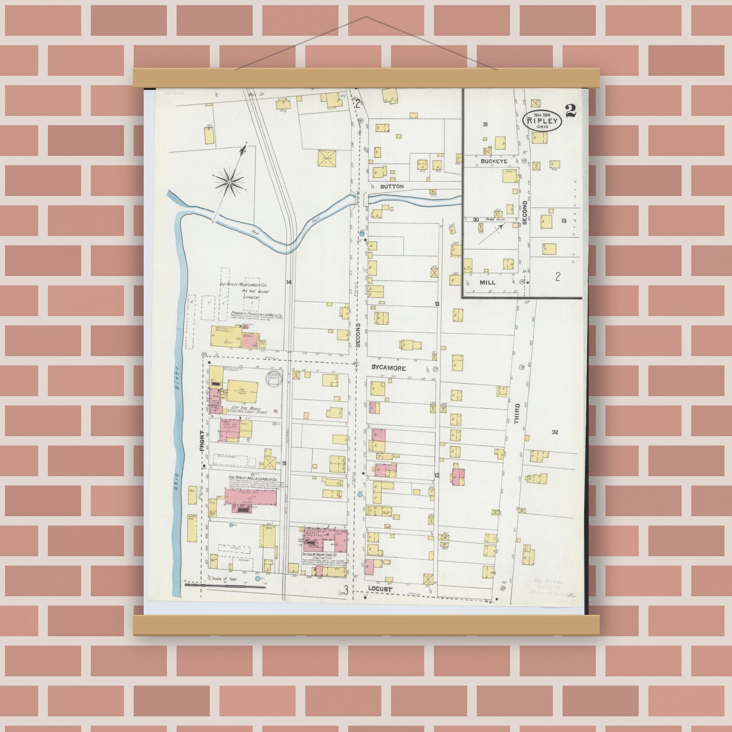 Old map wall art mockup — magnetic wood frame on brick wall — Sanborn Fire Insurance Map from Ripley, Brown County, Ohio (1904), Sheet #0002