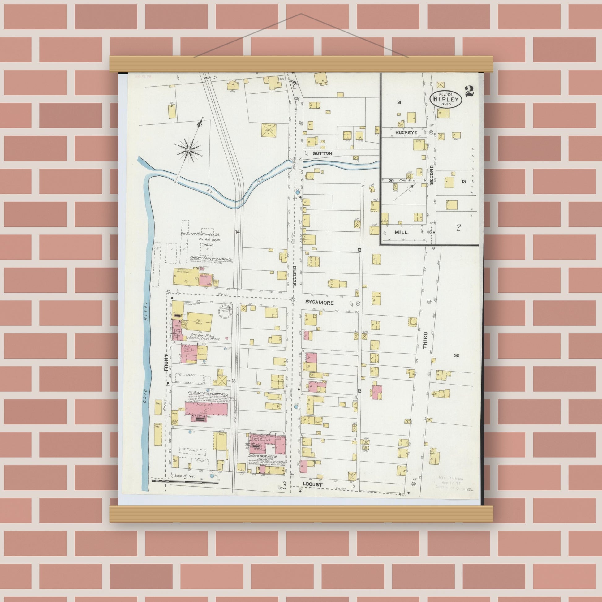 Old map wall art mockup — magnetic wood frame on brick wall — Sanborn Fire Insurance Map from Ripley, Brown County, Ohio (1904), Sheet #0002