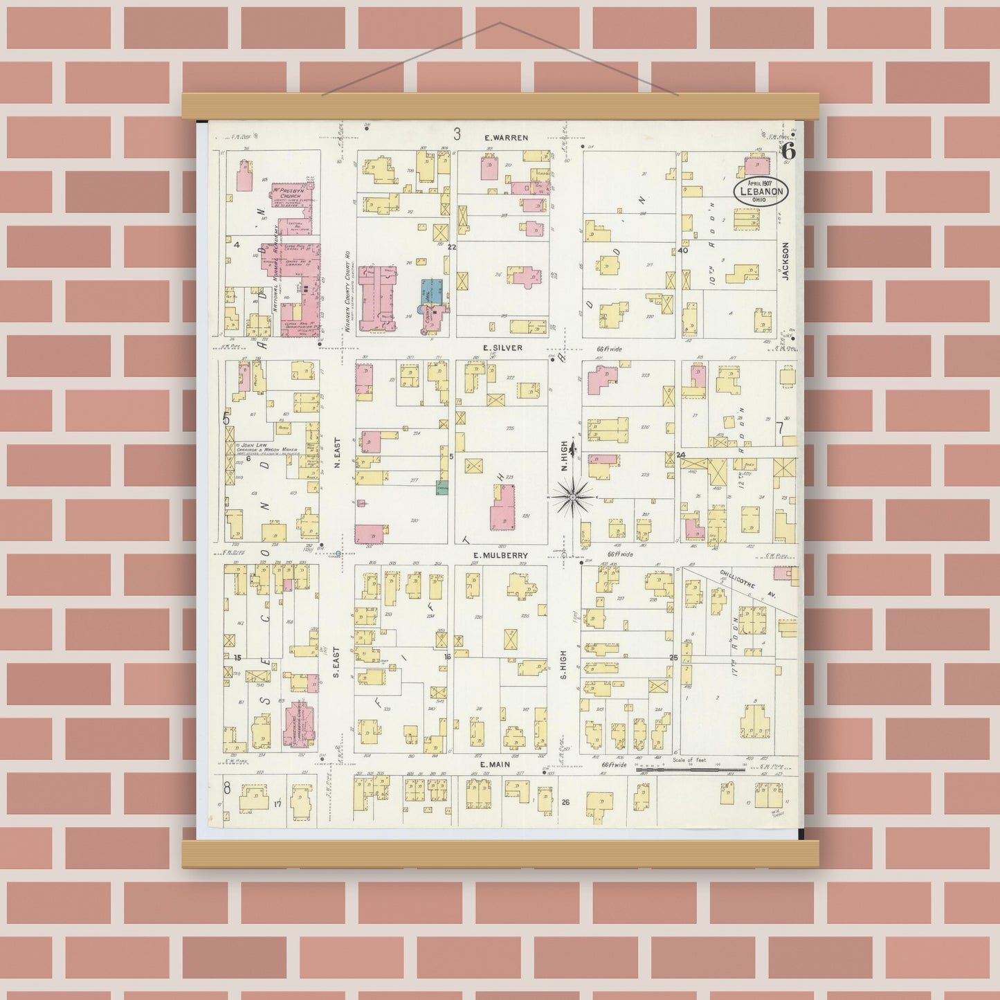 Old map wall art mockup — magnetic wood frame on brick wall — Sanborn Fire Insurance Map from Lebanon, Warren County, Ohio (1907), Sheet #0006