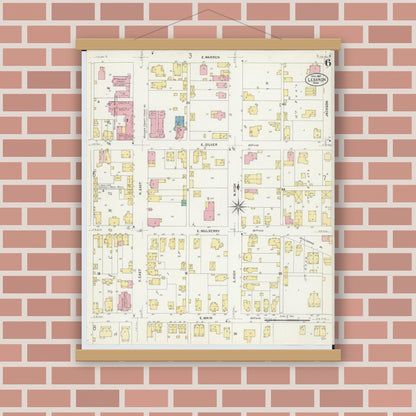 Old map wall art mockup — magnetic wood frame on brick wall — Sanborn Fire Insurance Map from Lebanon, Warren County, Ohio (1907), Sheet #0006