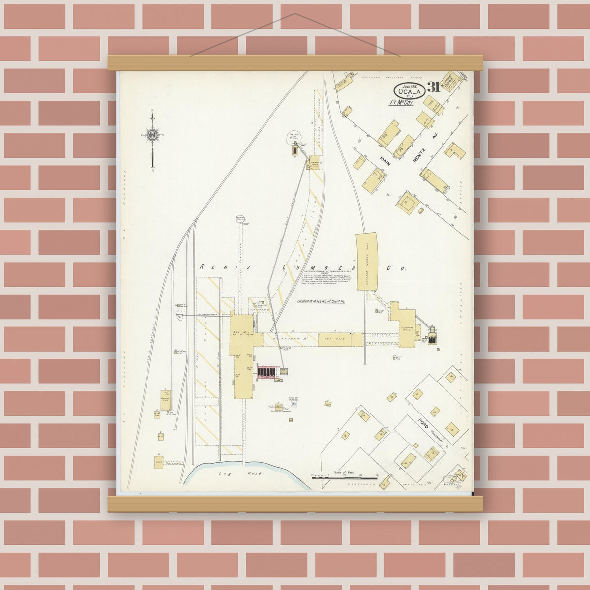 Old map wall art mockup — magnetic wood frame on brick wall — Sanborn Fire Insurance Map from Ocala, Marion County, Florida (1912), Sheet #0031
