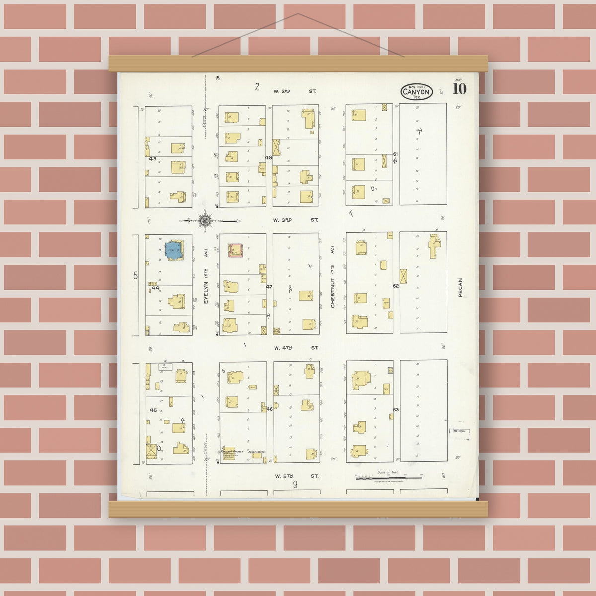 Old map wall art mockup — magnetic wood frame on brick wall — Sanborn Fire Insurance Map from Canyon, Randall County, Texas (1920), Sheet #0010