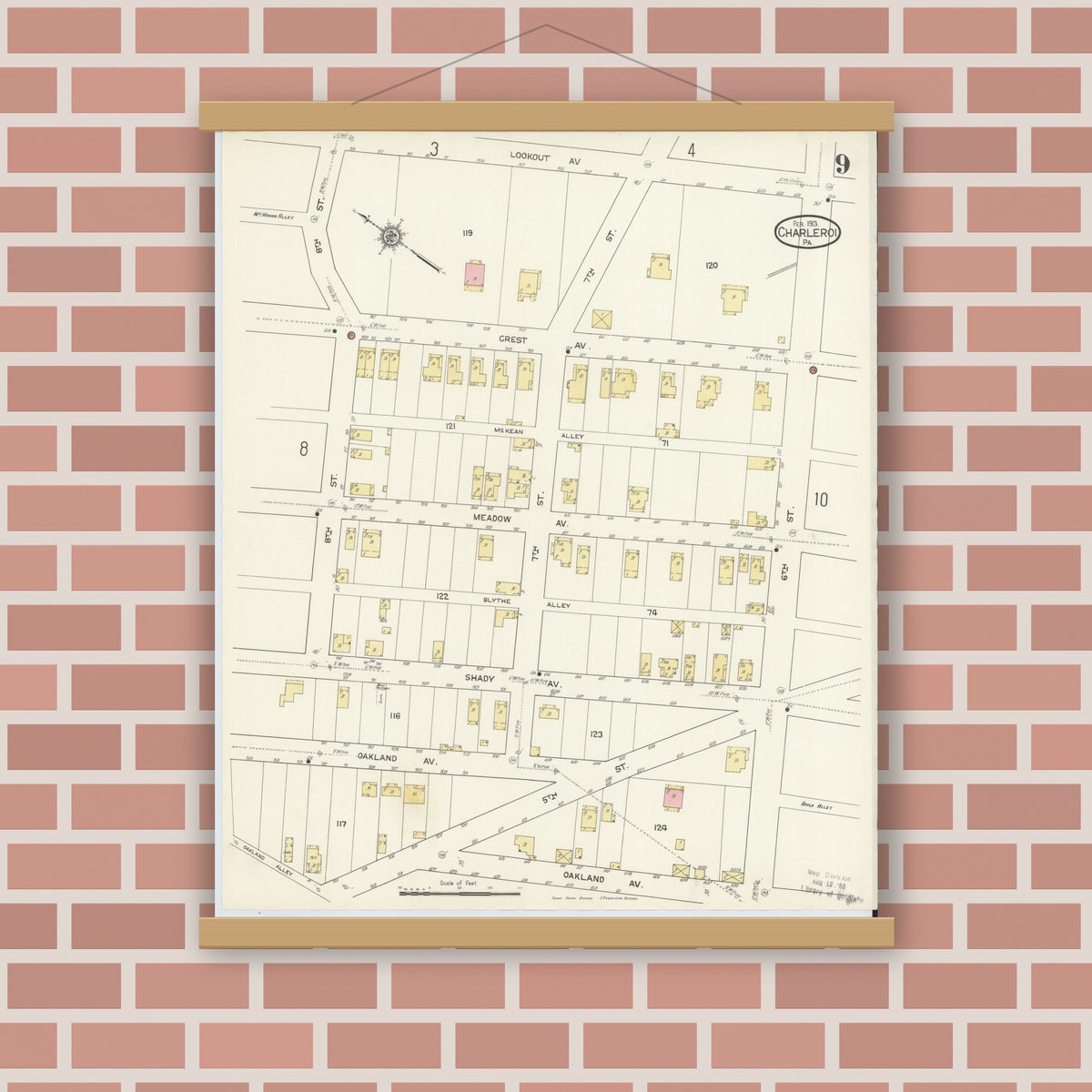 Old map wall art mockup — magnetic wood frame on brick wall — Sanborn Fire Insurance Map from Charleroi, Washington County, Pennsylvania (1913), Sheet #0009
