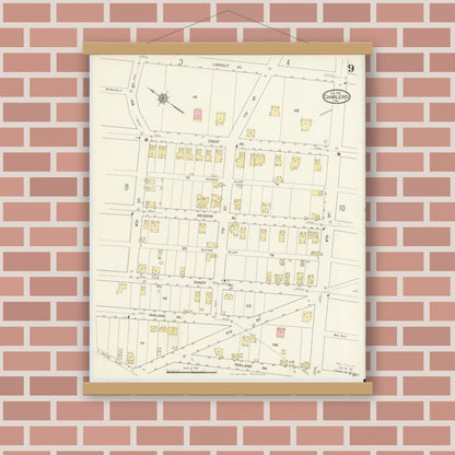 Old map wall art mockup — magnetic wood frame on brick wall — Sanborn Fire Insurance Map from Charleroi, Washington County, Pennsylvania (1913), Sheet #0009
