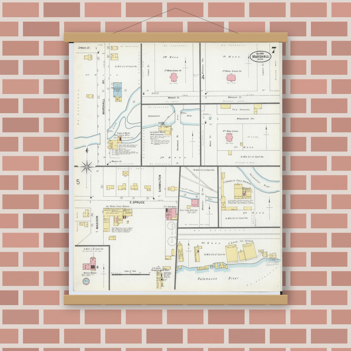 Old map wall art mockup — magnetic wood frame on brick wall — Sanborn Fire Insurance Map from Marshall, Calhoun County, Michigan (1899), Sheet #0007