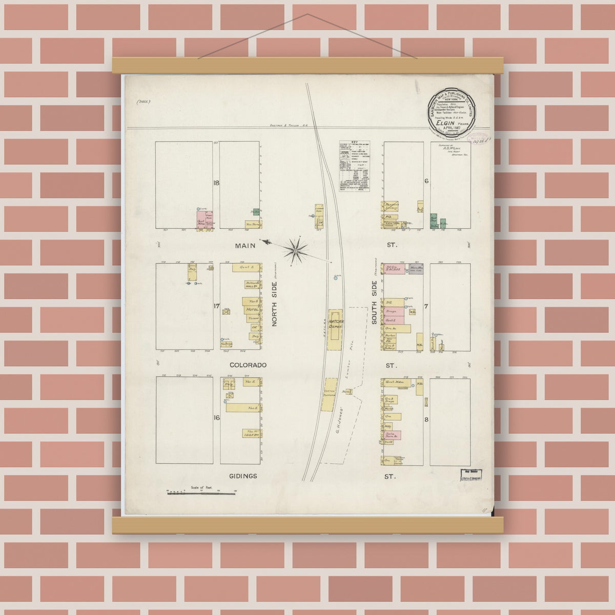Old map wall art mockup — magnetic wood frame on brick wall — Sanborn Fire Insurance Map from Elgin, Bastrop County, Texas (1887), Sheet #0001