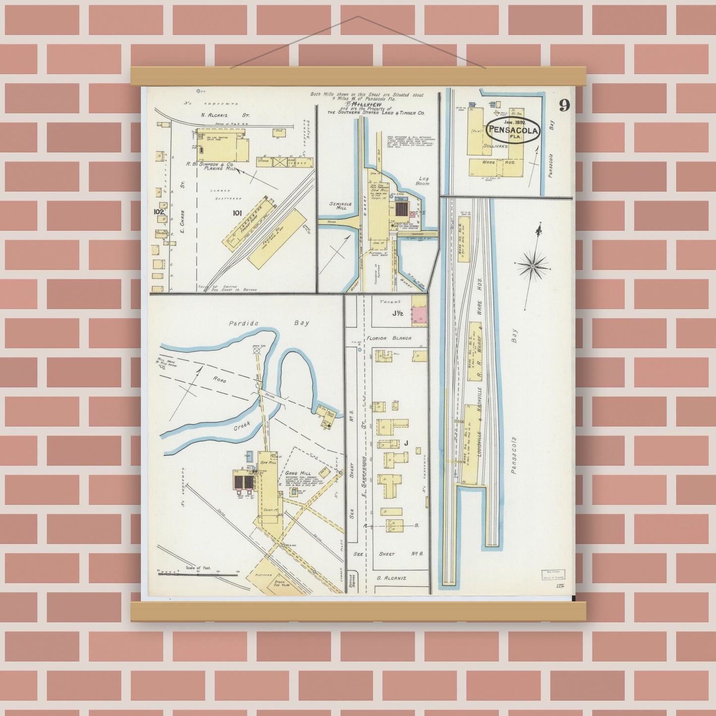 Old map wall art mockup — magnetic wood frame on brick wall — Sanborn Fire Insurance Map from Pensacola, Escambia County, Florida (1892), Sheet #0009