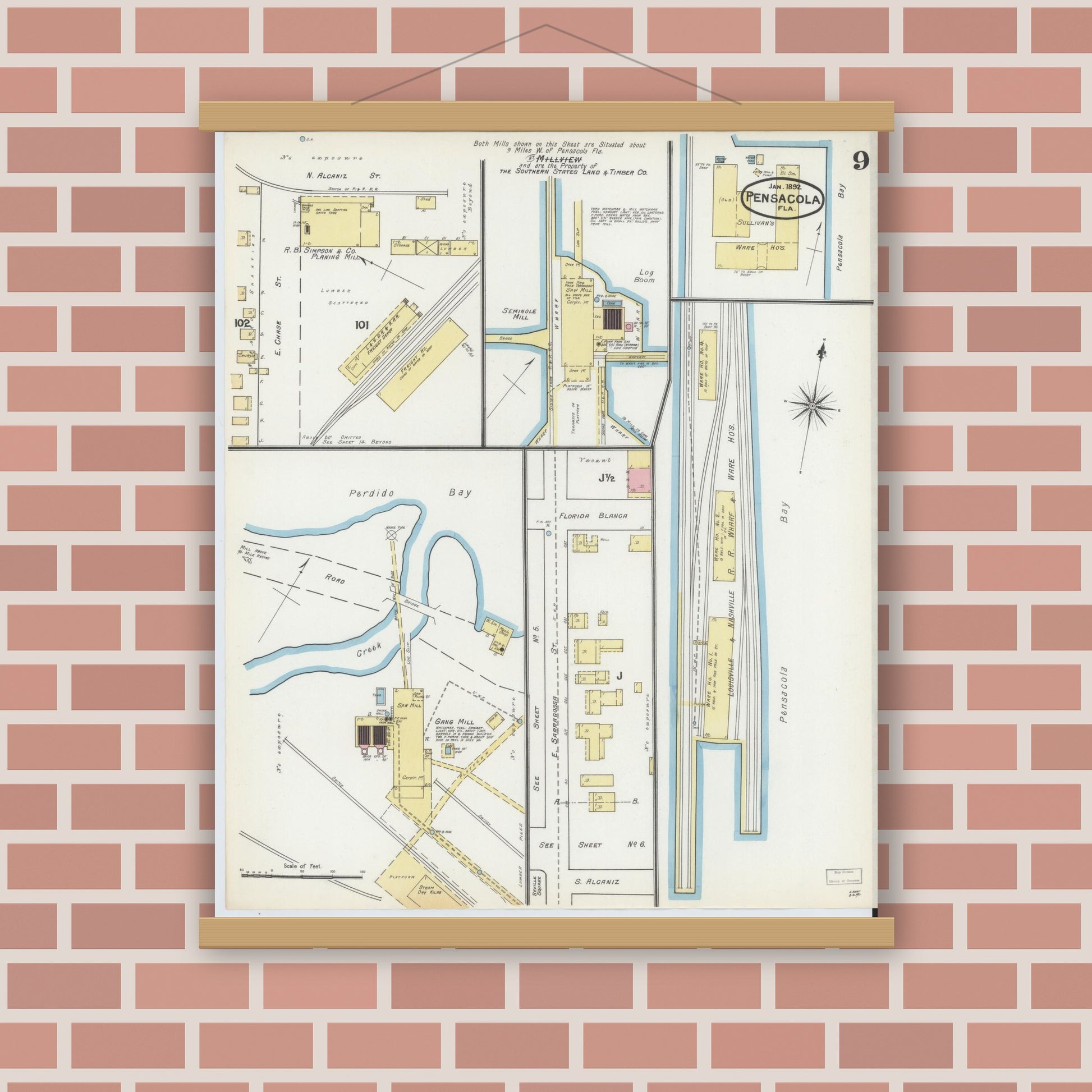 Old map wall art mockup — magnetic wood frame on brick wall — Sanborn Fire Insurance Map from Pensacola, Escambia County, Florida (1892), Sheet #0009