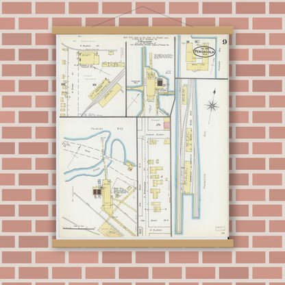 Old map wall art mockup — magnetic wood frame on brick wall — Sanborn Fire Insurance Map from Pensacola, Escambia County, Florida (1892), Sheet #0009