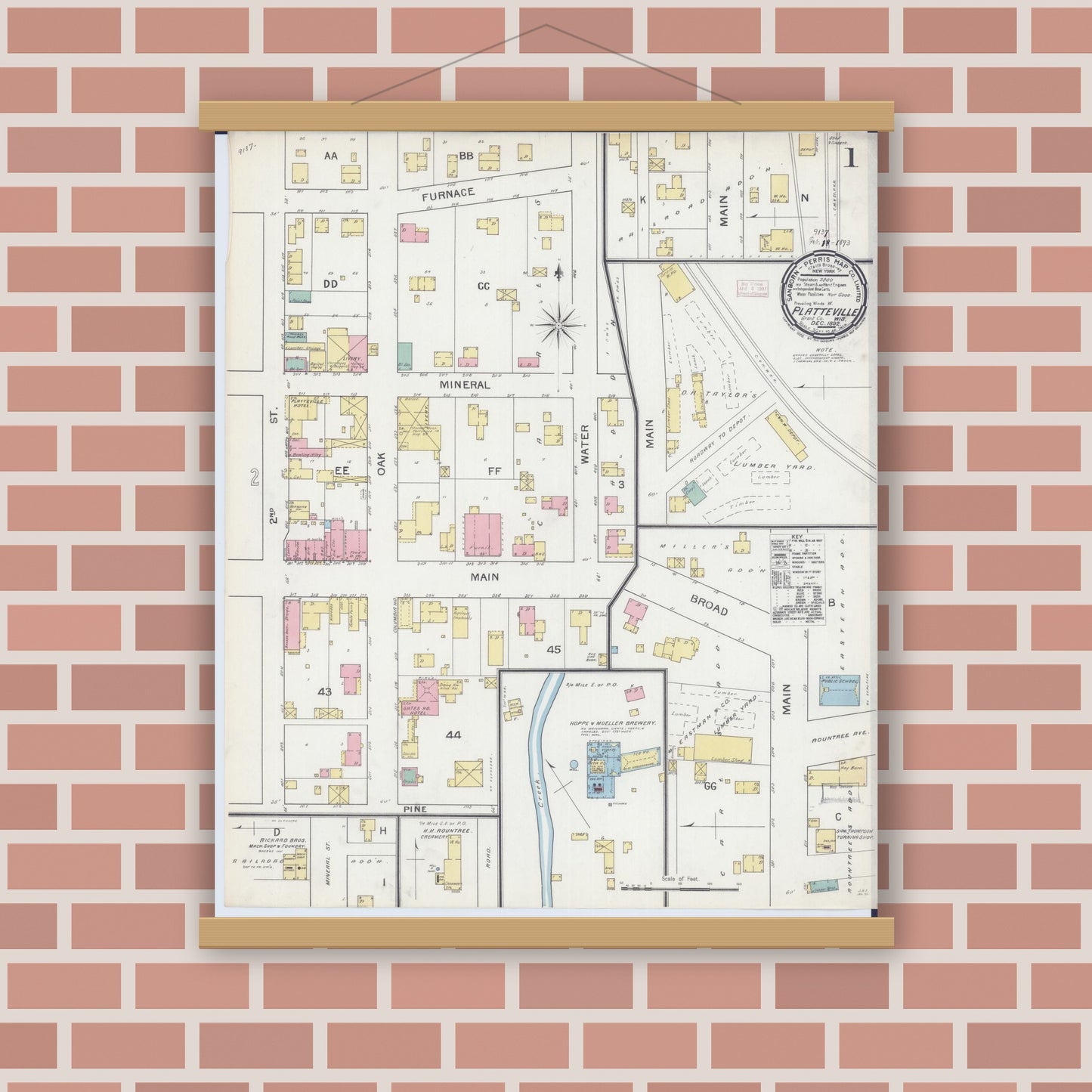Old map wall art mockup — magnetic wood frame on brick wall — Sanborn Fire Insurance Map from Platteville, Grant County, Wisconsin (1892) - Complete Map Set