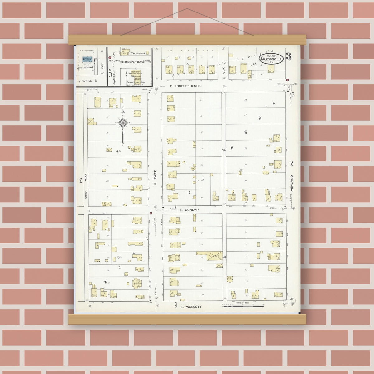 Old map wall art mockup — magnetic wood frame on brick wall — Sanborn Fire Insurance Map from Jacksonville, Morgan County, Illinois (1914), Sheet #0003
