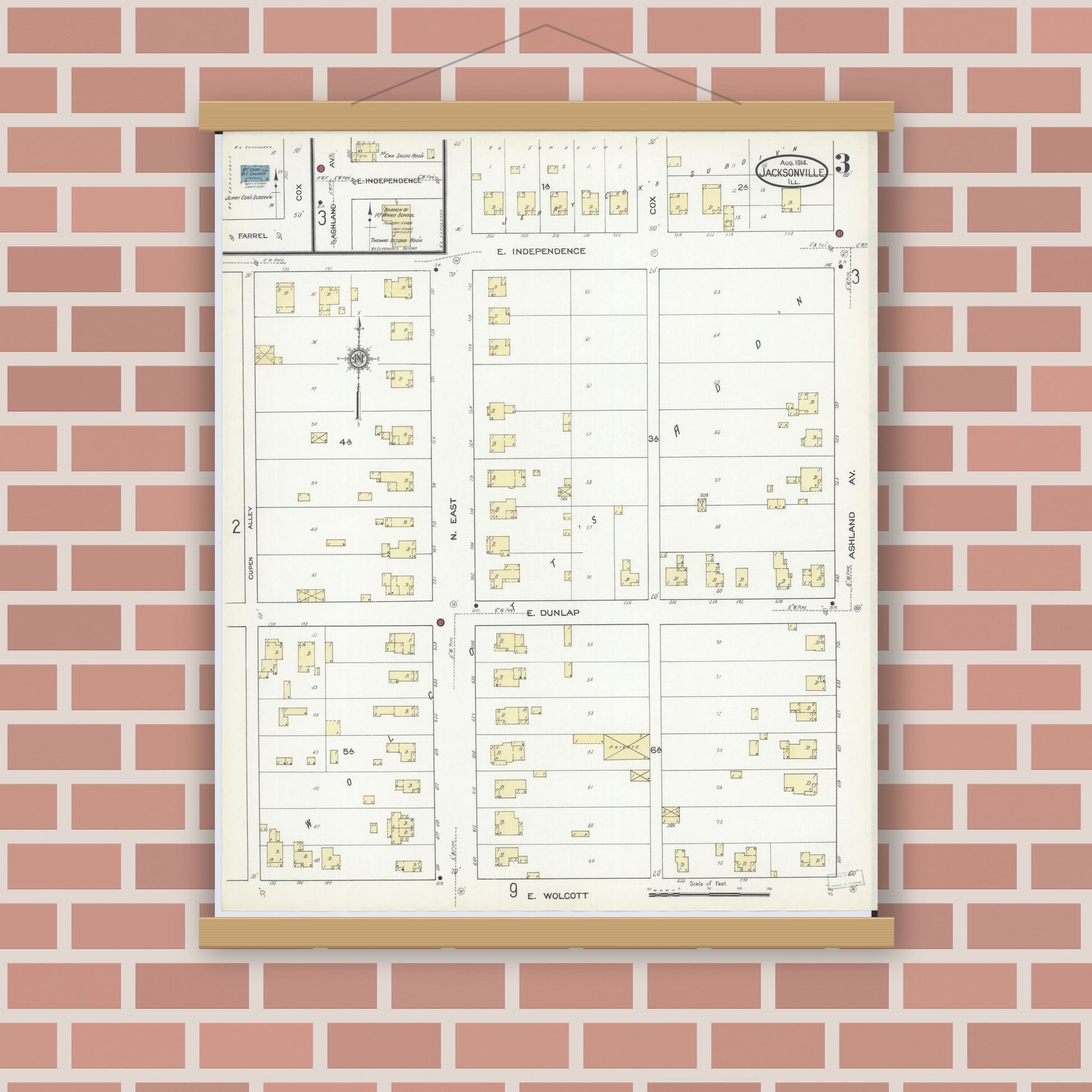 Old map wall art mockup — magnetic wood frame on brick wall — Sanborn Fire Insurance Map from Jacksonville, Morgan County, Illinois (1914), Sheet #0003