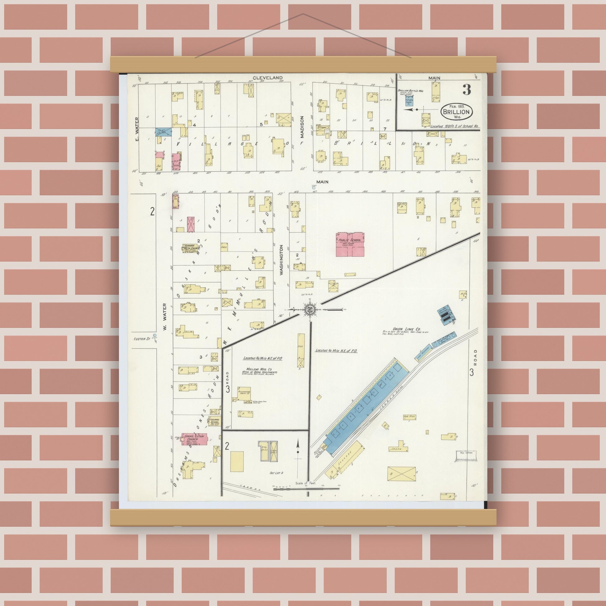 Old map wall art mockup — magnetic wood frame on brick wall — Sanborn Fire Insurance Map from Brillion, Calumet County, Wisconsin (1913), Sheet #0003