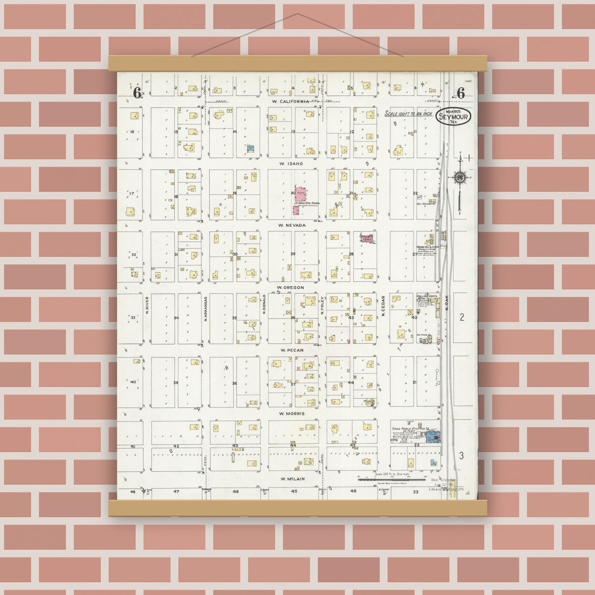 Old map wall art mockup — magnetic wood frame on brick wall — Sanborn Fire Insurance Map from Seymour, Baylor County, Texas (1925), Sheet #0006