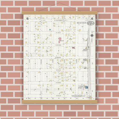 Old map wall art mockup — magnetic wood frame on brick wall — Sanborn Fire Insurance Map from Seymour, Baylor County, Texas (1925), Sheet #0006