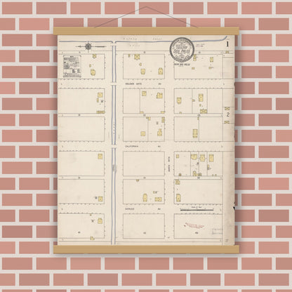 Old map wall art mockup — magnetic wood frame on brick wall — Sanborn Fire Insurance Map from Dos Palos, Merced County, California (1910) - Complete Map Set