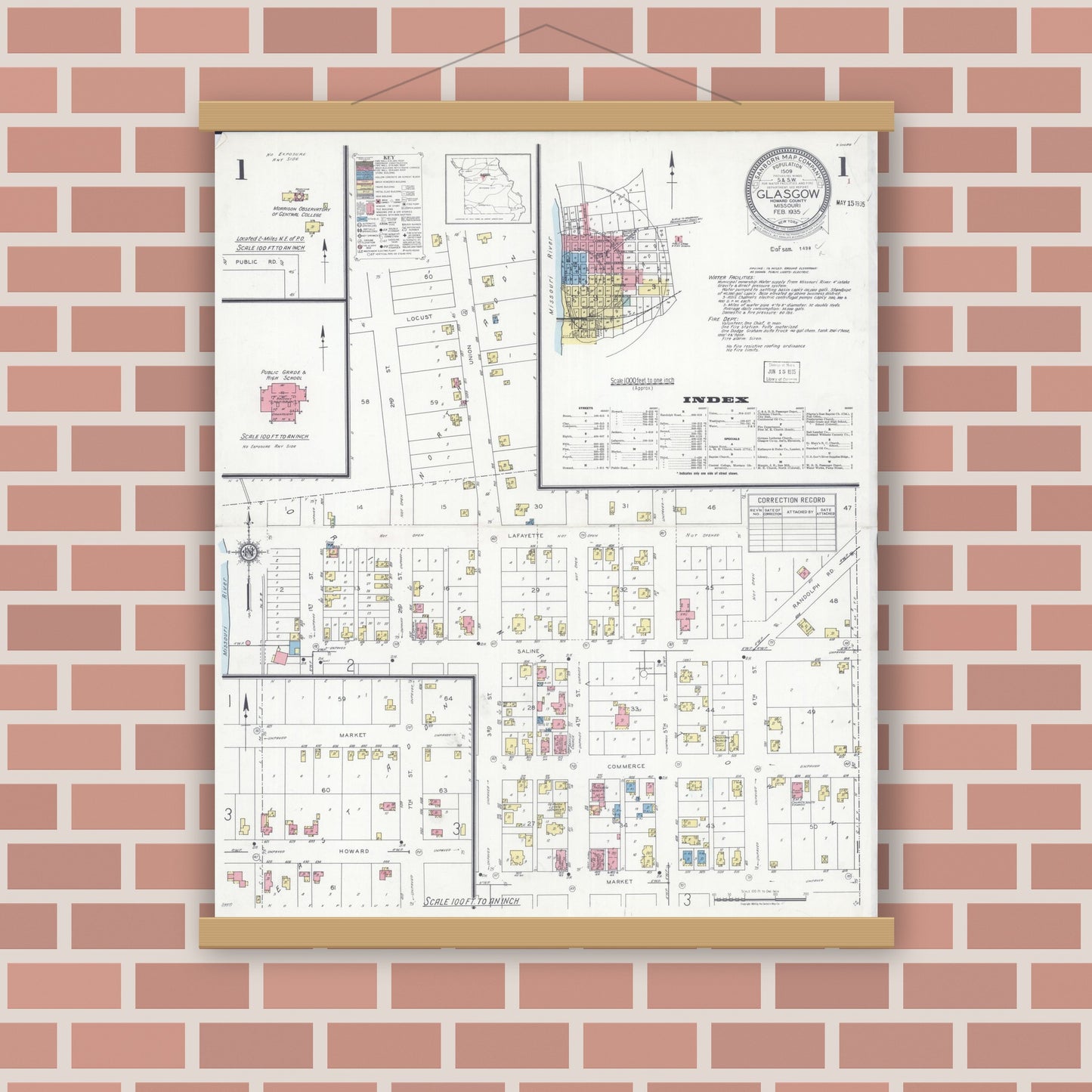 Old map wall art mockup — magnetic wood frame on brick wall — Sanborn Fire Insurance Map from Glasgow, Howard County, Missouri (1935) - Complete Map Set