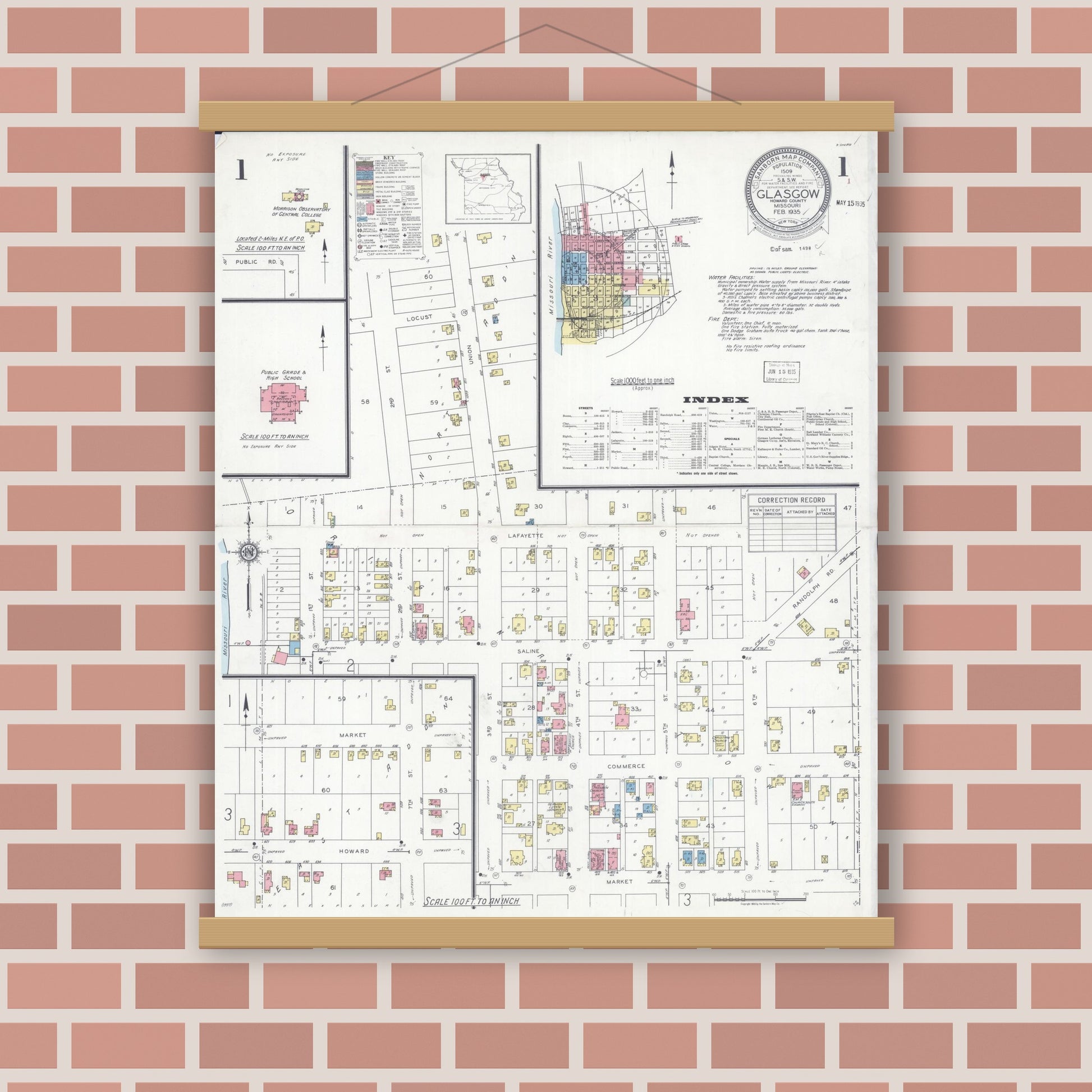 Old map wall art mockup — magnetic wood frame on brick wall — Sanborn Fire Insurance Map from Glasgow, Howard County, Missouri (1935) - Complete Map Set