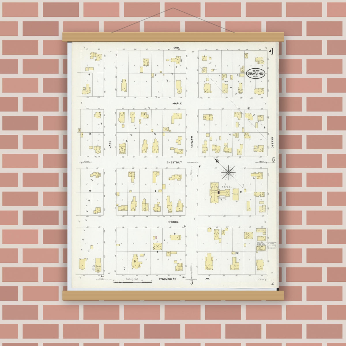 Old map wall art mockup — magnetic wood frame on brick wall — Sanborn Fire Insurance Map from Grayling, Crawford County, Michigan (1909), Sheet #0004