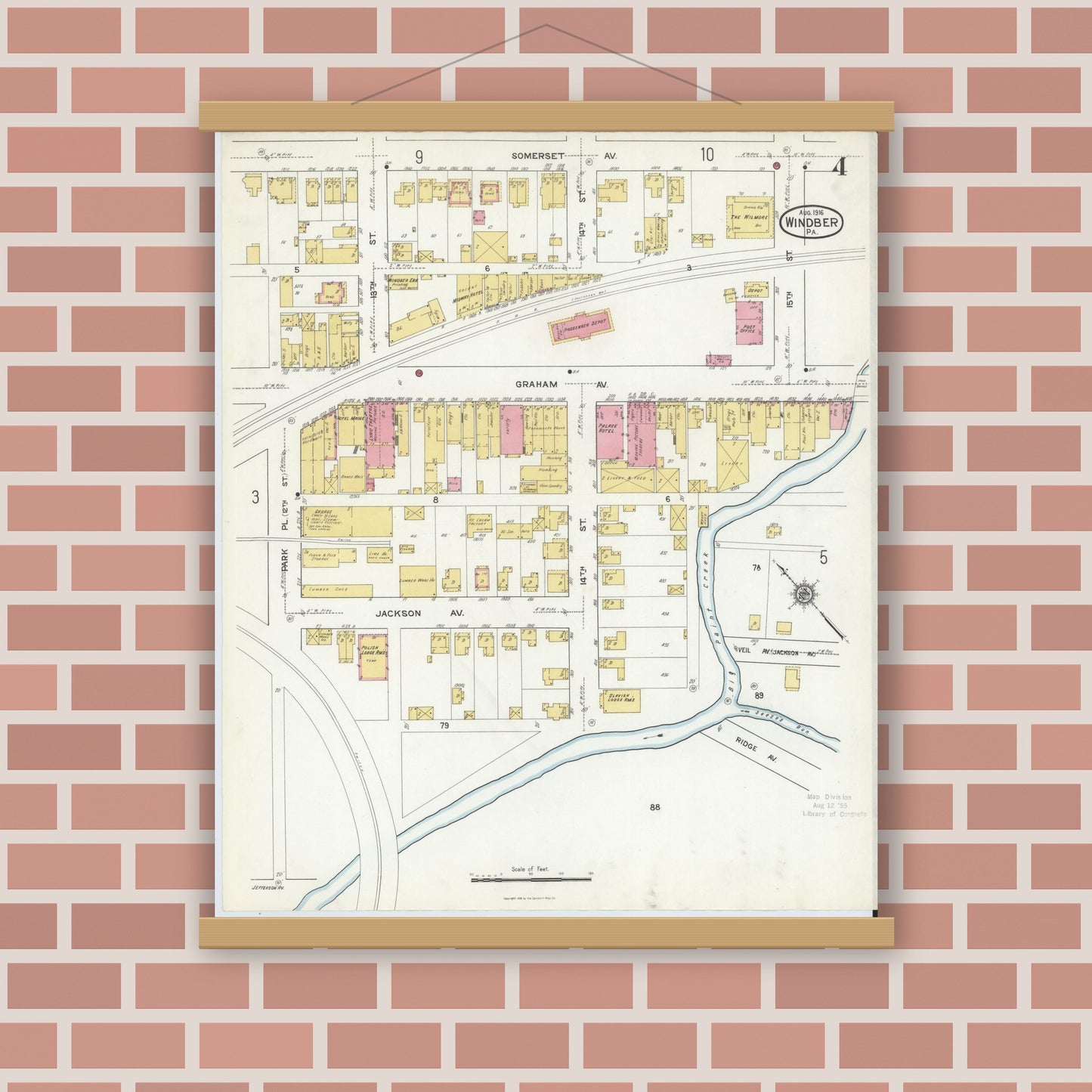 Old map wall art mockup — magnetic wood frame on brick wall — Sanborn Fire Insurance Map from Windber, Somerset County, Pennsylvania (1916), Sheet #0004