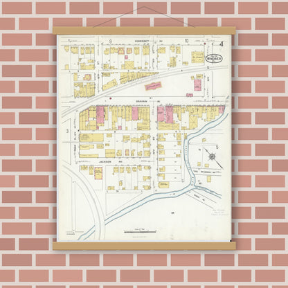 Old map wall art mockup — magnetic wood frame on brick wall — Sanborn Fire Insurance Map from Windber, Somerset County, Pennsylvania (1916), Sheet #0004