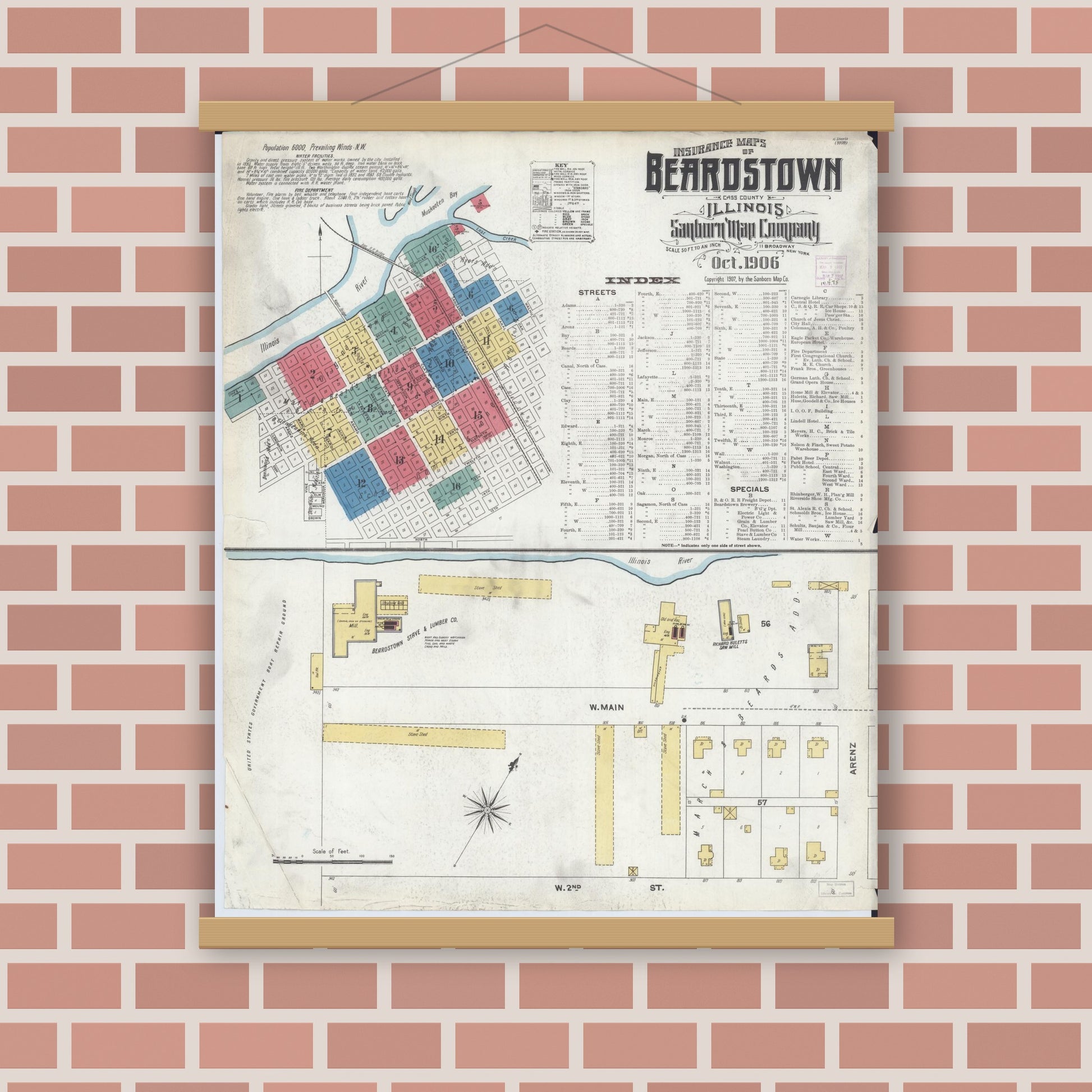 Old map wall art mockup — magnetic wood frame on brick wall — Sanborn Fire Insurance Map from Beardstown, Cass County, Illinois (1906) - Complete Map Set