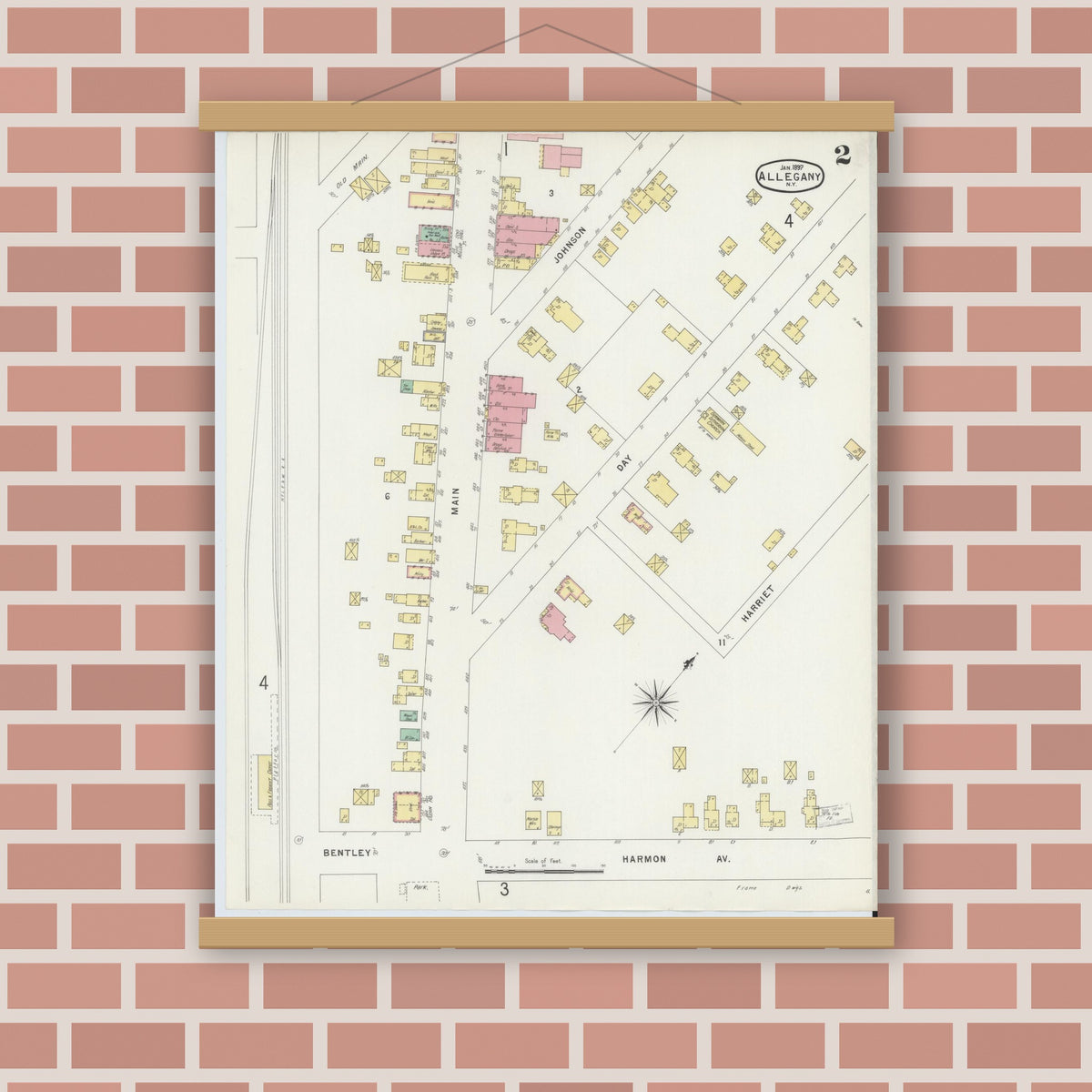 Old map wall art mockup — magnetic wood frame on brick wall — Sanborn Fire Insurance Map from Allegany, Cattaraugus County, New York (1897), Sheet #0002