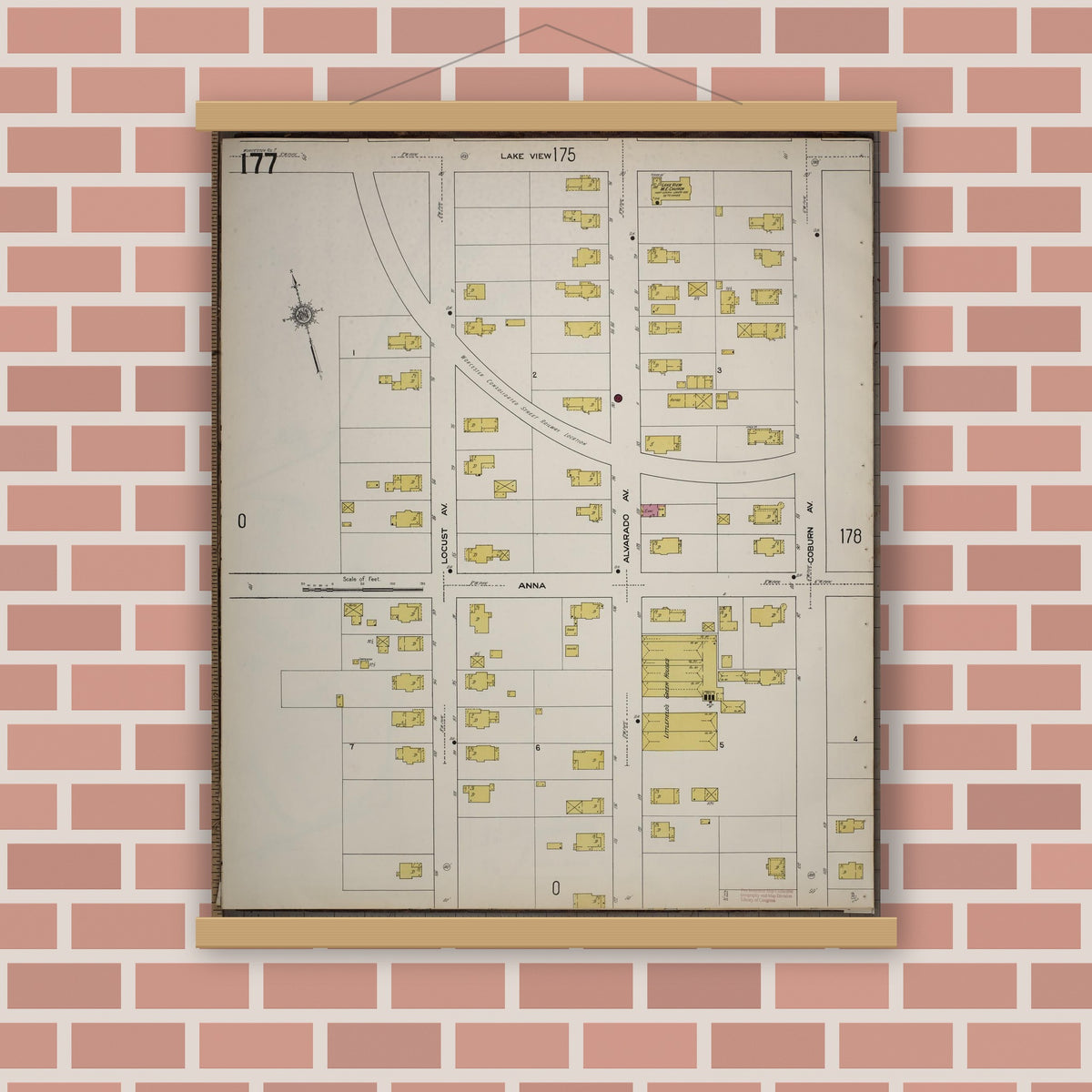 Old map wall art mockup — magnetic wood frame on brick wall — Sanborn Fire Insurance Map from Worcester, Worcester County, Massachusetts (1910), Sheet #0177