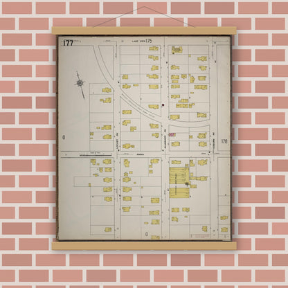 Old map wall art mockup — magnetic wood frame on brick wall — Sanborn Fire Insurance Map from Worcester, Worcester County, Massachusetts (1910), Sheet #0177