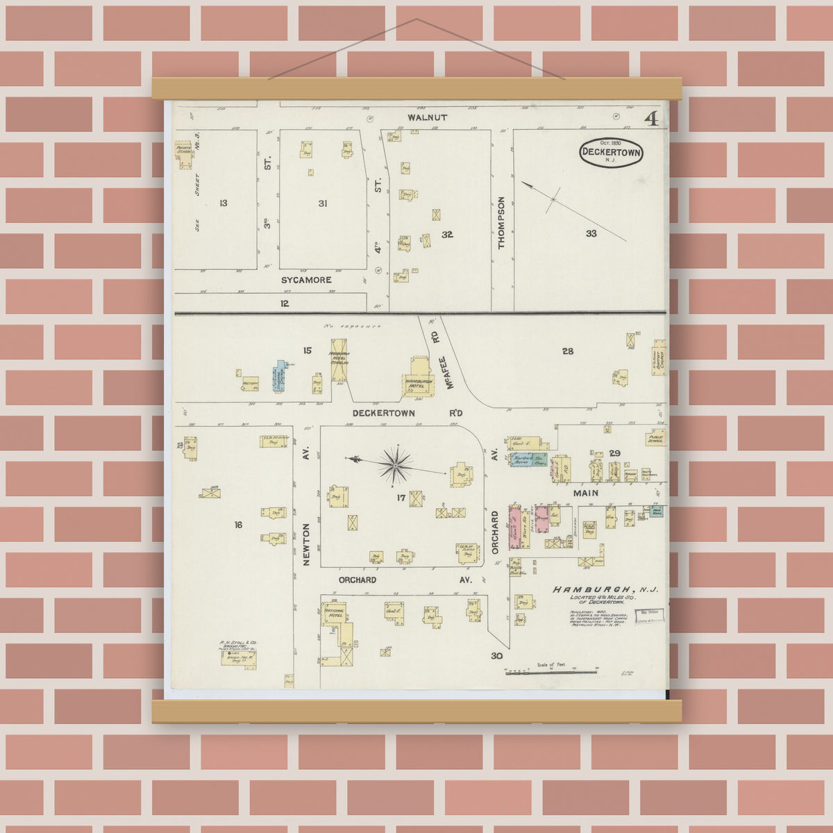 Old map wall art mockup — magnetic wood frame on brick wall — Sanborn Fire Insurance Map from Deckertown, Sussex County, New Jersey (1890), Sheet #0004