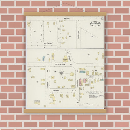 Old map wall art mockup — magnetic wood frame on brick wall — Sanborn Fire Insurance Map from Deckertown, Sussex County, New Jersey (1890), Sheet #0004