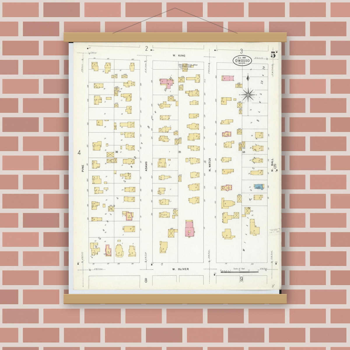 Old map wall art mockup — magnetic wood frame on brick wall — Sanborn Fire Insurance Map from Owosso, Shiawassee County, Michigan (1908), Sheet #0005