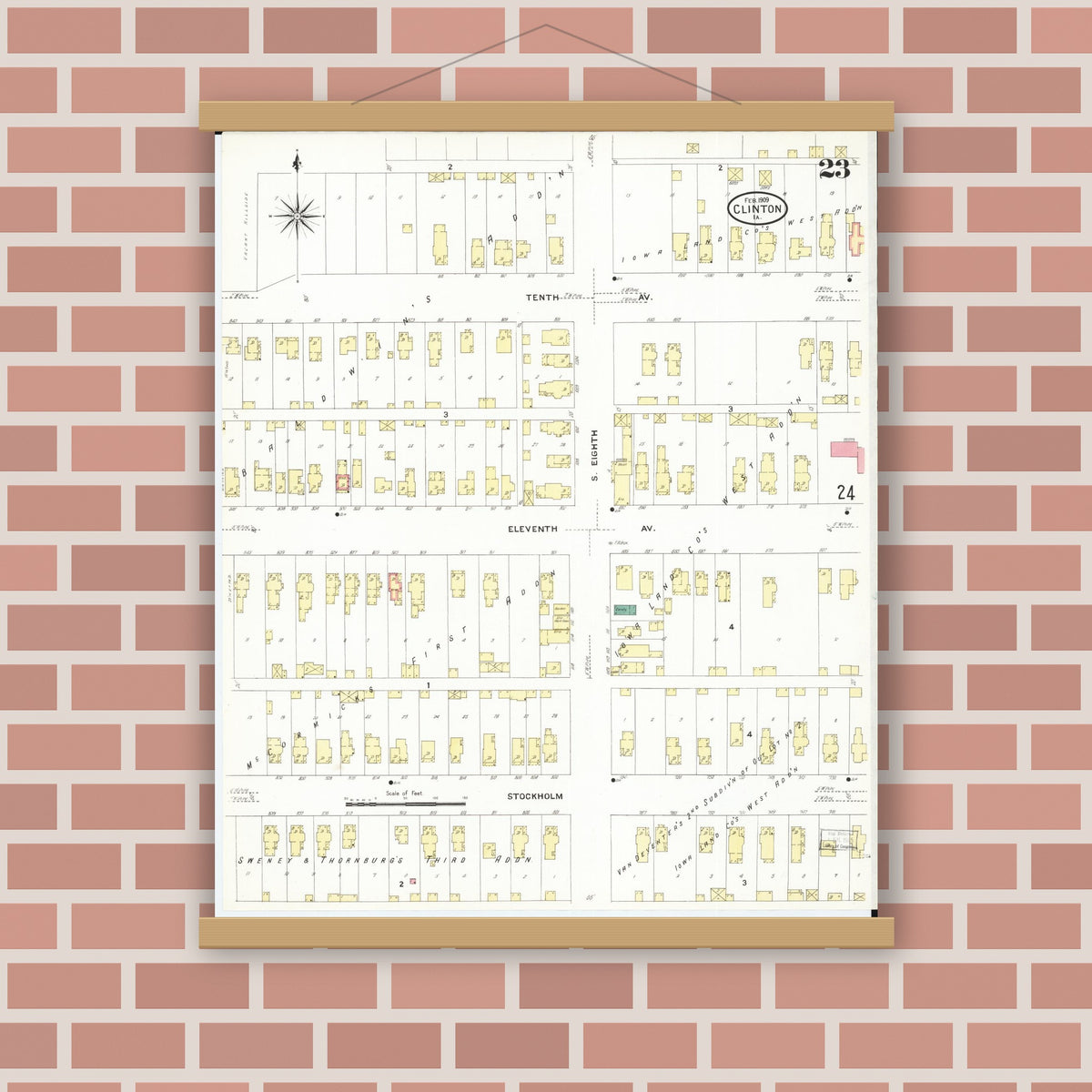Old map wall art mockup — magnetic wood frame on brick wall — Sanborn Fire Insurance Map from Clinton, Clinton County, Iowa (1909), Sheet #0023