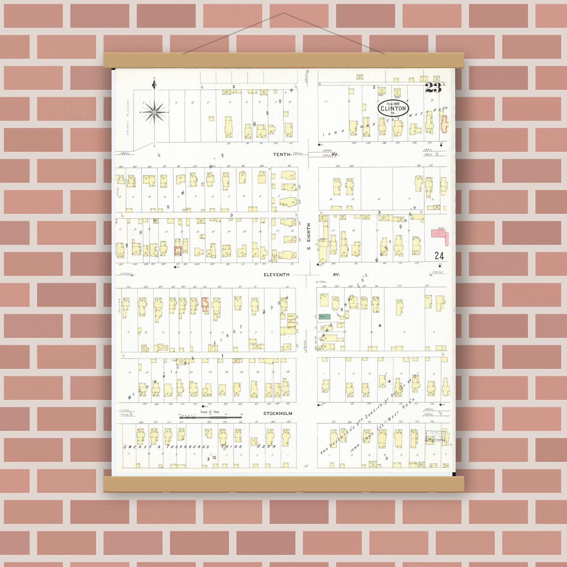 Old map wall art mockup — magnetic wood frame on brick wall — Sanborn Fire Insurance Map from Clinton, Clinton County, Iowa (1909), Sheet #0023