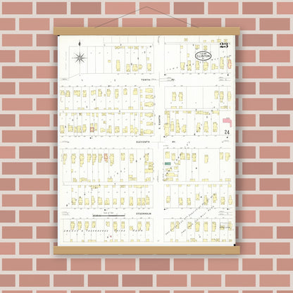 Old map wall art mockup — magnetic wood frame on brick wall — Sanborn Fire Insurance Map from Clinton, Clinton County, Iowa (1909), Sheet #0023