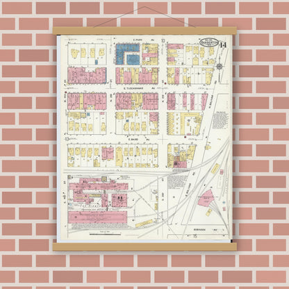 Old map wall art mockup — magnetic wood frame on brick wall — Sanborn Fire Insurance Map from Barberton, Summit County, Ohio (1916), Sheet #0014