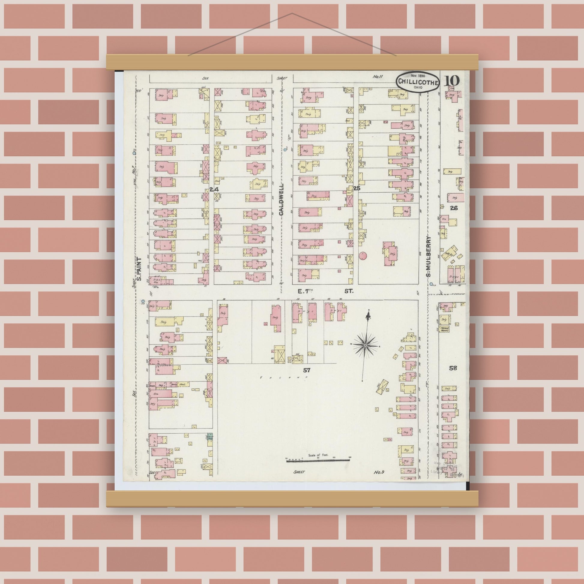 Old map wall art mockup — magnetic wood frame on brick wall — Sanborn Fire Insurance Map from Chillicothe, Ross County, Ohio (1890), Sheet #0010