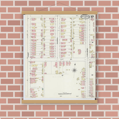 Old map wall art mockup — magnetic wood frame on brick wall — Sanborn Fire Insurance Map from Chillicothe, Ross County, Ohio (1890), Sheet #0010