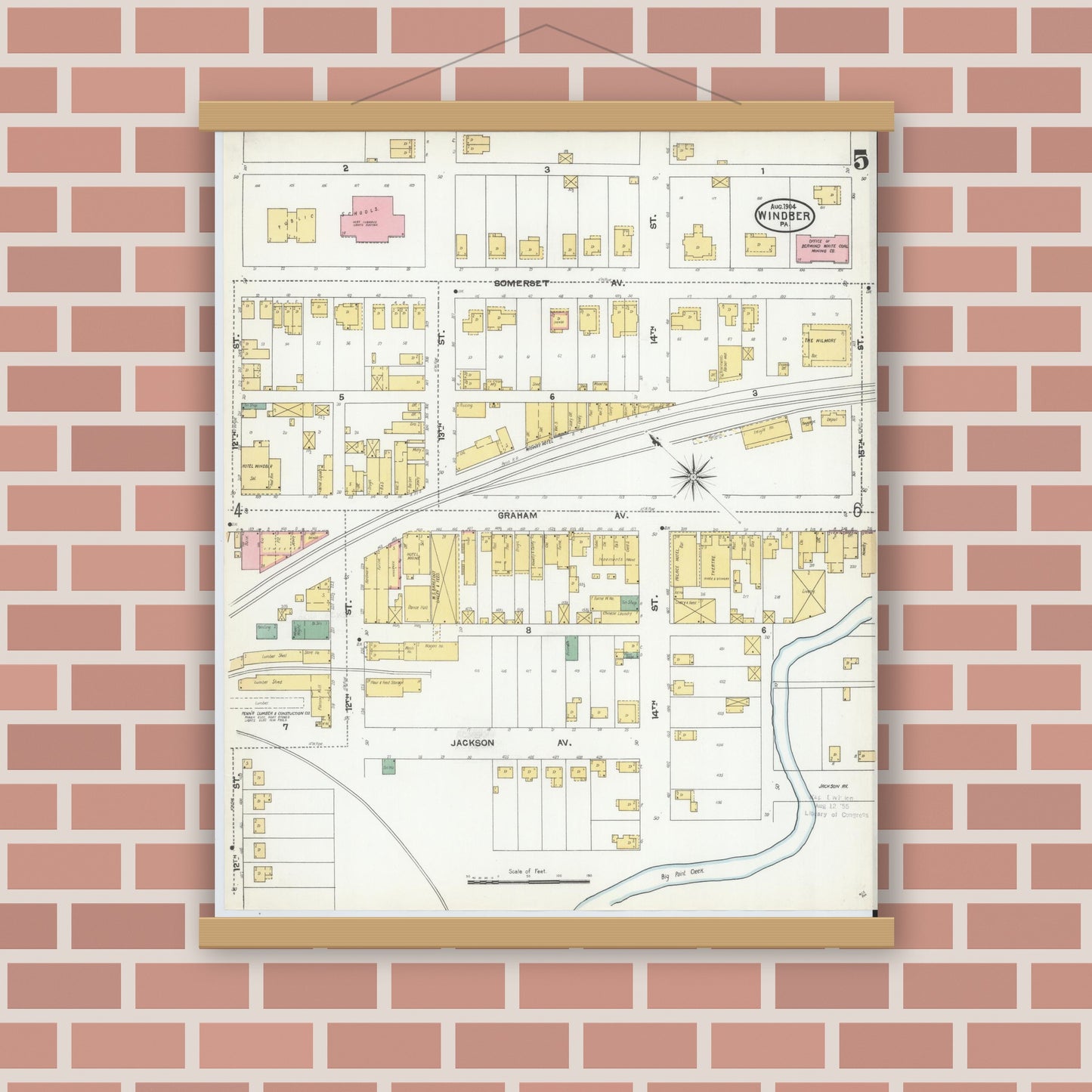 Old map wall art mockup — magnetic wood frame on brick wall — Sanborn Fire Insurance Map from Windber, Somerset County, Pennsylvania (1904), Sheet #0005