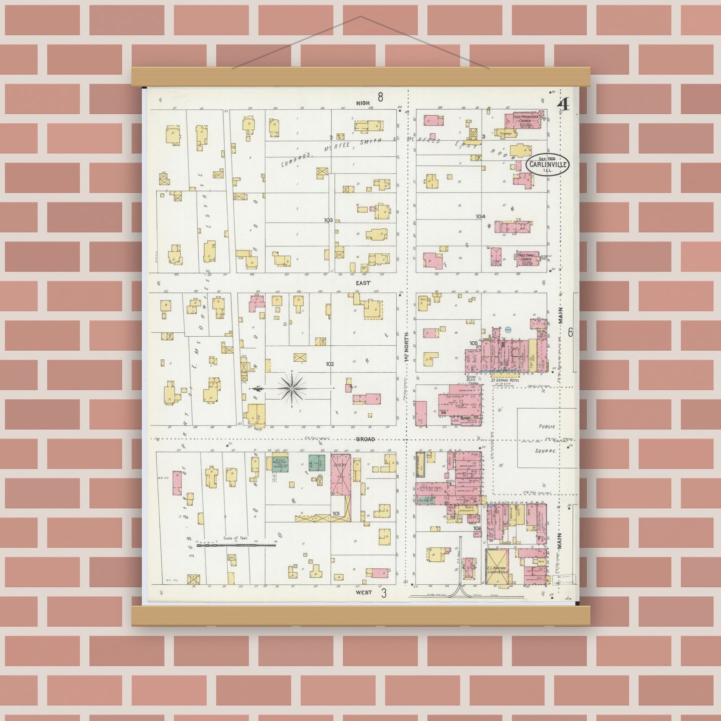 Old map wall art mockup — magnetic wood frame on brick wall — Sanborn Fire Insurance Map from Carlinville, Macoupin County, Illinois (1906), Sheet #0004