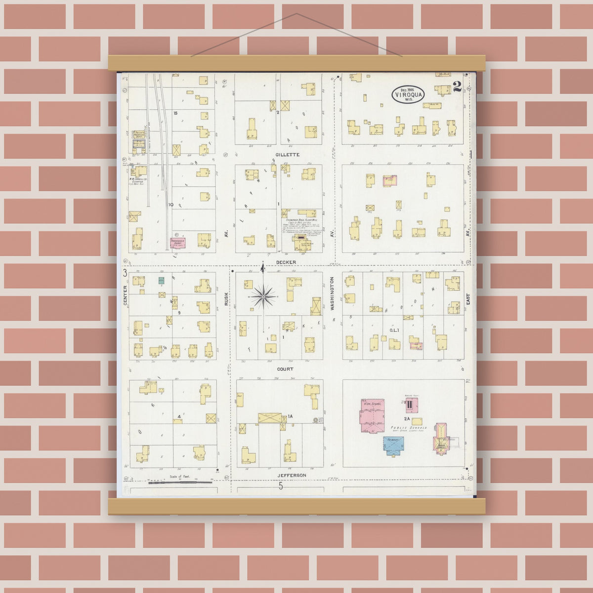 Old map wall art mockup — magnetic wood frame on brick wall — Sanborn Fire Insurance Map from Viroqua, Vernon County, Wisconsin (1905), Sheet #0002