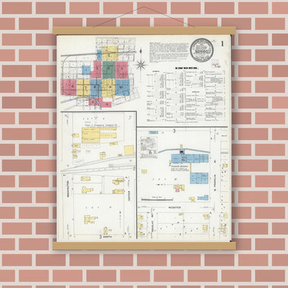 Old map wall art mockup — magnetic wood frame on brick wall — Sanborn Fire Insurance Map from Naperville, Du Page County, Illinois (1909) - Complete Map Set