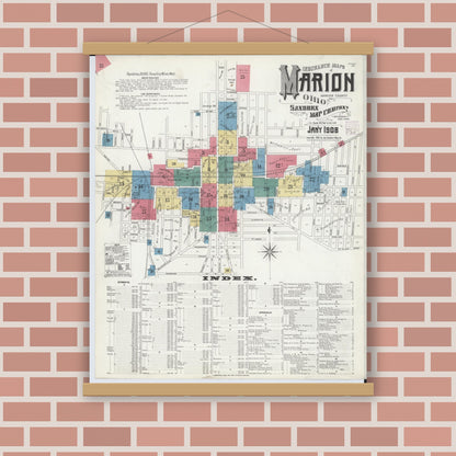 Old map wall art mockup — magnetic wood frame on brick wall — Sanborn Fire Insurance Map from Marion, Marion County, Ohio (1908), Sheet #0001
