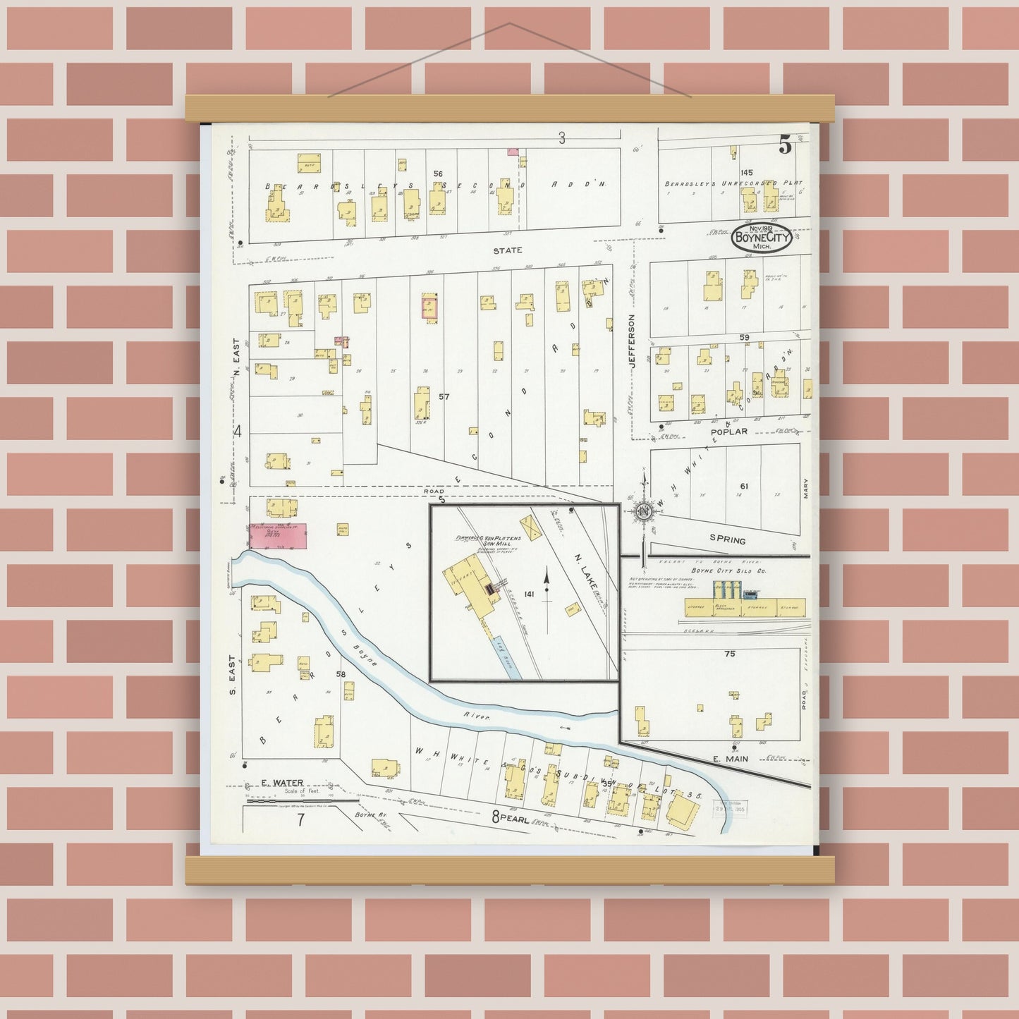 Old map wall art mockup — magnetic wood frame on brick wall — Sanborn Fire Insurance Map from Boyne City, Charlevoix County, Michigan (1919), Sheet #0005