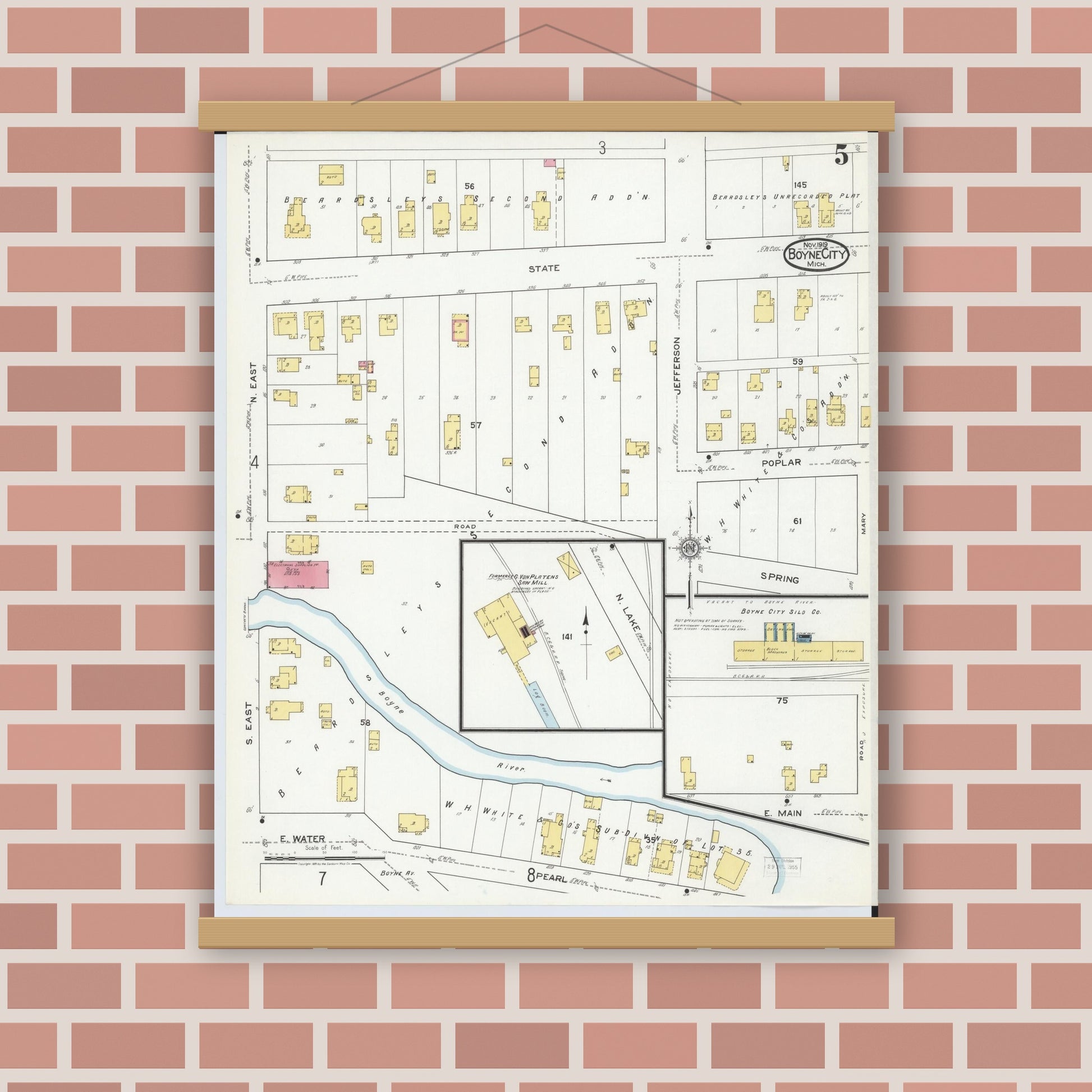 Old map wall art mockup — magnetic wood frame on brick wall — Sanborn Fire Insurance Map from Boyne City, Charlevoix County, Michigan (1919), Sheet #0005