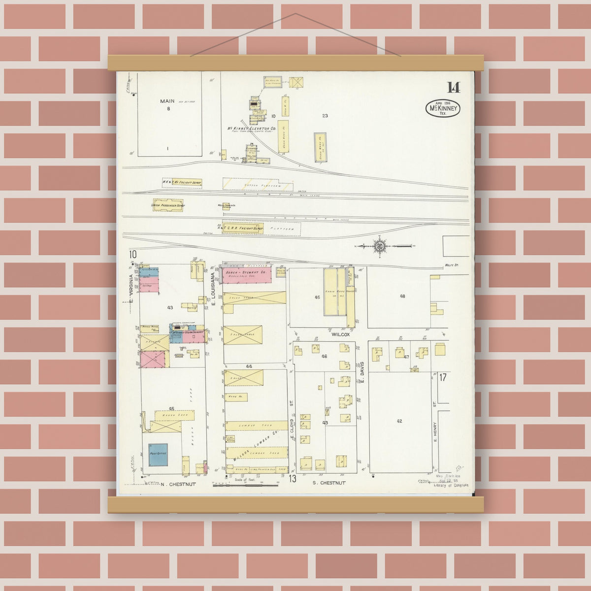 Old map wall art mockup — magnetic wood frame on brick wall — Sanborn Fire Insurance Map from McKinney, Collin County, Texas (1914), Sheet #0014