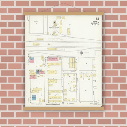 Old map wall art mockup — magnetic wood frame on brick wall — Sanborn Fire Insurance Map from McKinney, Collin County, Texas (1914), Sheet #0014