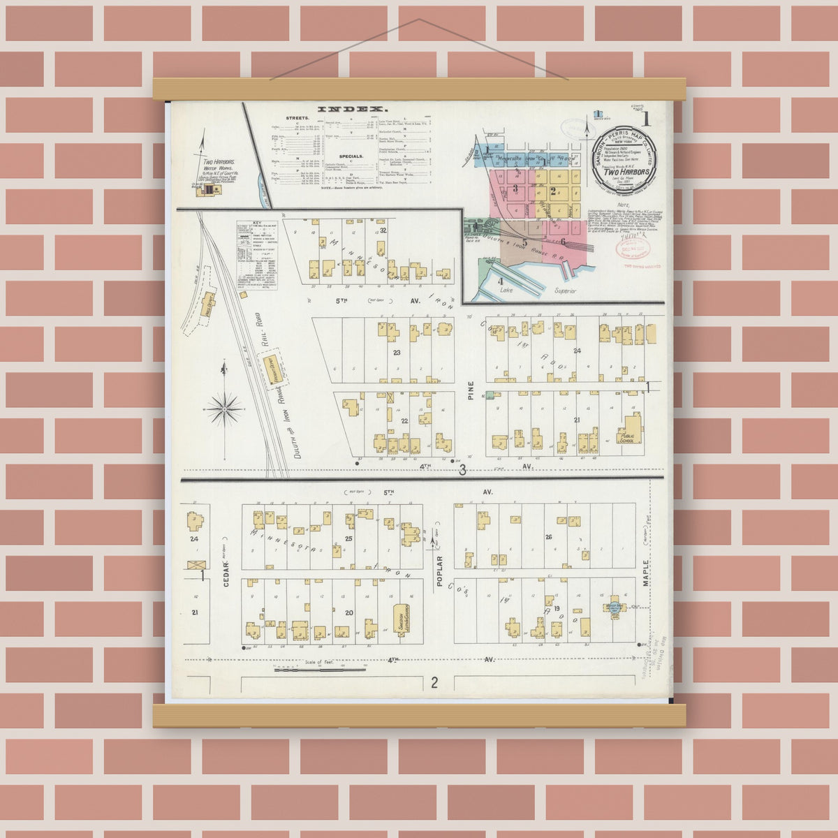 Old map wall art mockup — magnetic wood frame on brick wall — Sanborn Fire Insurance Map from Two Harbors, Lake County, Minnesota (1897), Sheet #0001