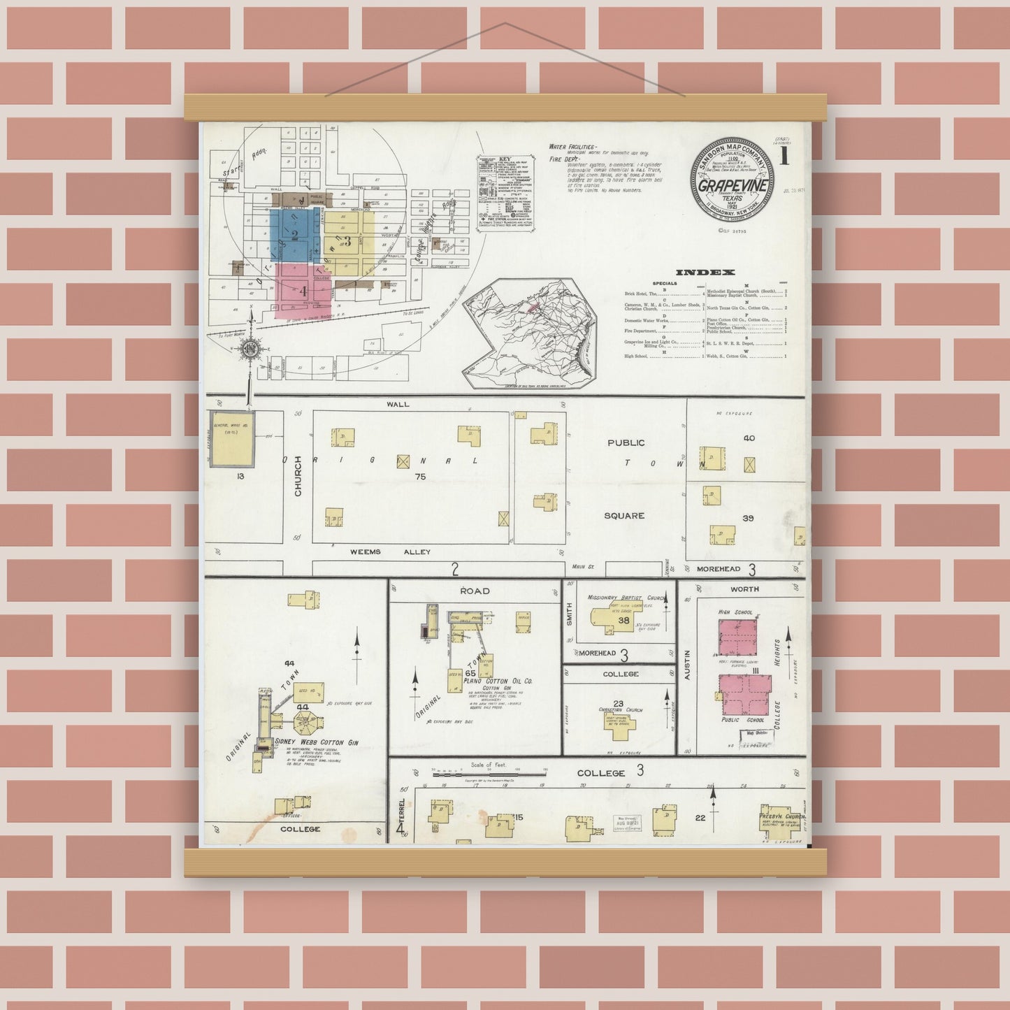 Old map wall art mockup — magnetic wood frame on brick wall — Sanborn Fire Insurance Map from Grapevine, Tarrant County, Texas (1921) - Complete Map Set